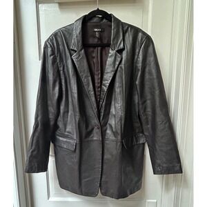DKNY Vintage Leather Blazer Jacket Dark Brown Single Button Large Y2K